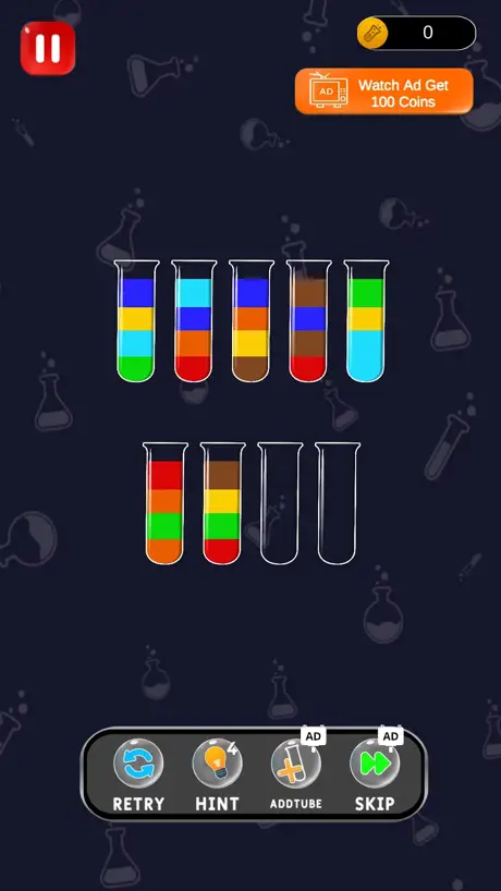 Captura do jogo Water Sort com tubos de líquidos coloridos