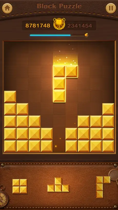 Captura do jogo Wood Block Puzzle com peças de madeira douradas